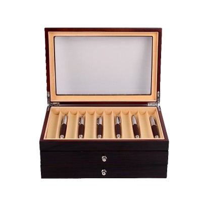 Wholesale oem wood custom luxury two color pen case drawer design with window top