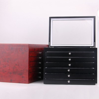 Wholesale custom logo red and black wooden pen holder for 76 pens oem packaging